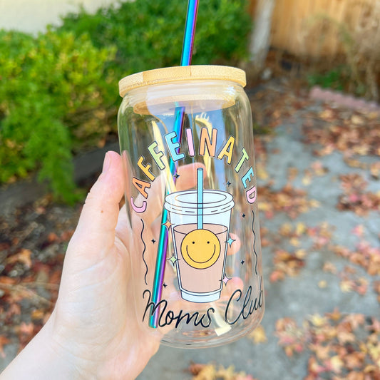 Caffeinated Moms Club Glass Can Tumbler