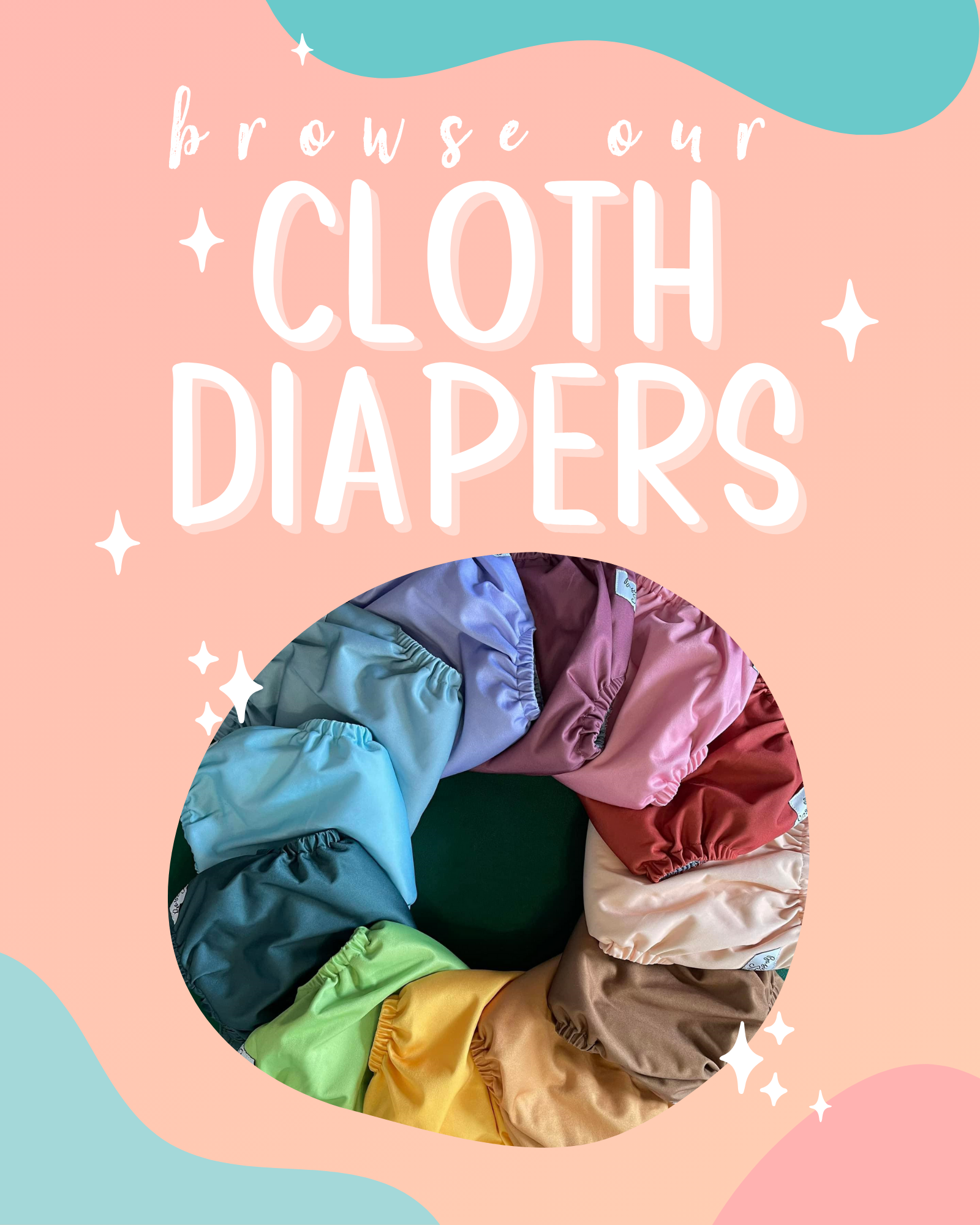 Browse our cloth diapers. Ring of solid colored cloth diapers