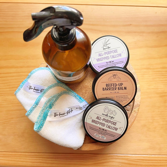 All Purpose Whipped Tallow Balms assortment, featuring the basic stitch cloth wipes and cloth wipe solution spray bottle