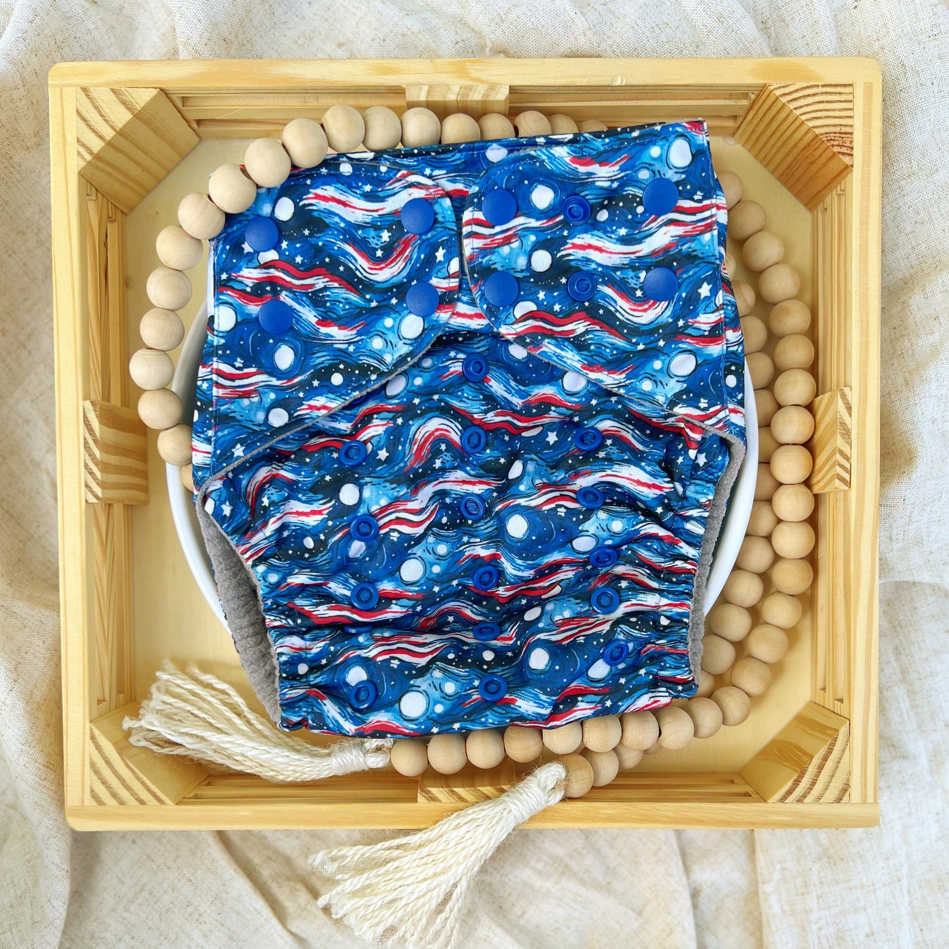 America the Brave. Print featuring a patriotic red white and blue "starry night" by vincent van gogh rendition.